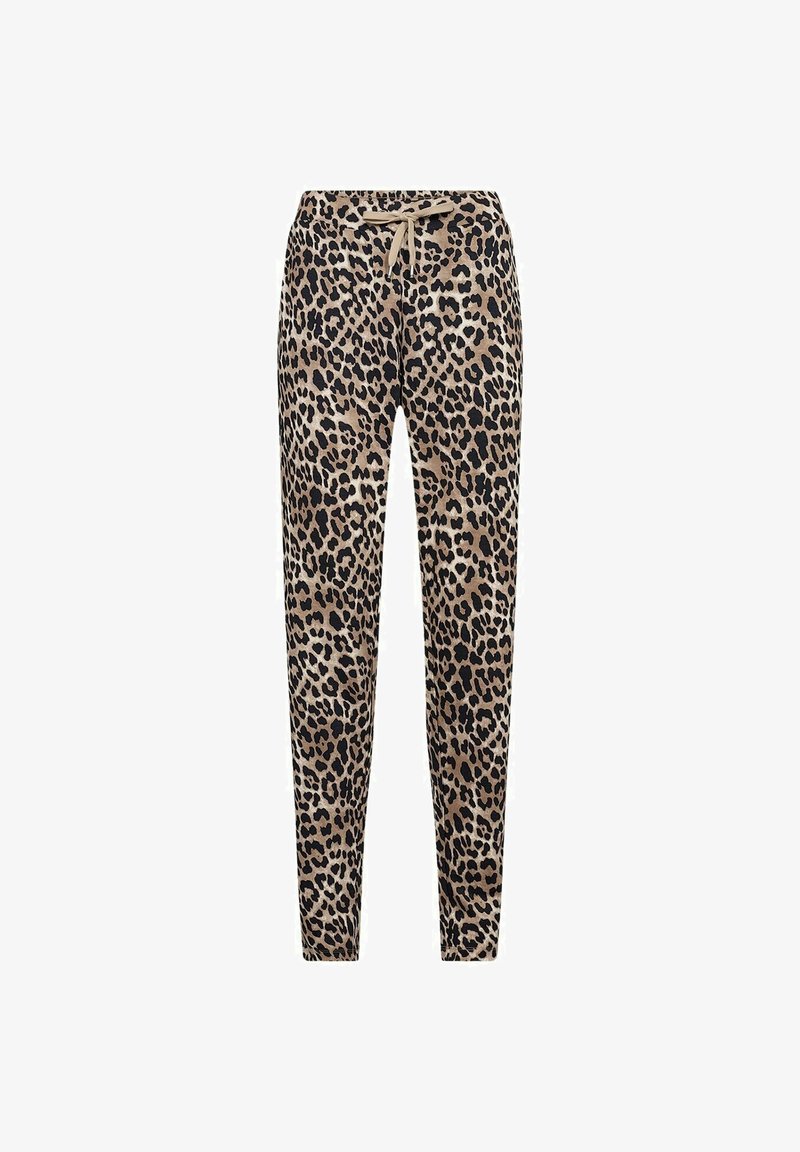 Leopard print joggers in tan and black, featuring a drawstring waist, elastic cuffs, soft fabric, and a slim fit design.