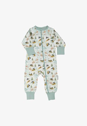 Langærmet jumpsuit i lys mint med et naturinspireret print. Fremstillet af blødt stof, med en lynlås foran og elastiske manchetter.