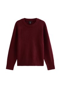 Maglione lavorato a maglia color bordeaux con scollatura rotonda, polsini e orlo a coste. Il tessuto appare morbido con una finitura texturizzata.