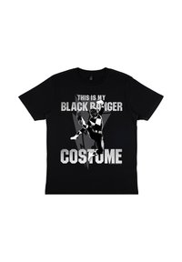 Sort T-shirt med en sort ranger i aktionsposition og teksten "Dette er mit Black Ranger kostume" i fede hvide bogstaver.