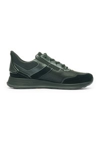 Black athletic sneaker with lace-up closure, mixed fabric and leather upper, and cushioned sole, shown in side profile on a white background.