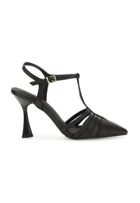 Sandaletta nera in pelle con tacco alto e punta appuntita, caratterizzata da più sottili cinturini, un design a T e un tacco a stiletto con base quadrata.