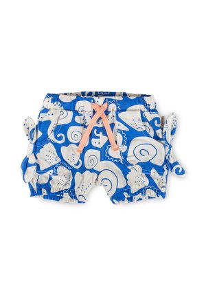 Blue and white baby shorts with abstract floral and swirl patterns, pink drawstring at the waist, and tied bows on both sides.