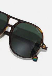 Lunettes de soleil en écaille de tortue avec verres vert foncé, présentant une monture géométrique avec une découpe et un accent rayé multicolore sur la branche.
