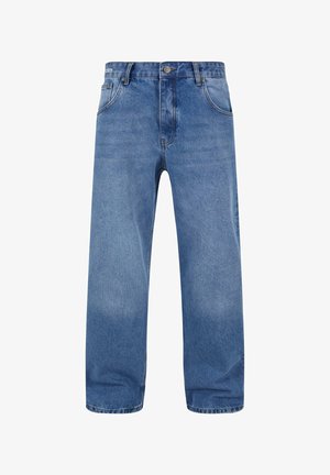 Sinised sirge säärega teksapüksid, millel on viis taskut ja vöökoht kinnitatakse nupuga, esitatud valgel taustal.