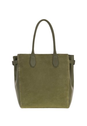 Olijfgroene suède- en leren draagtas met twee handvatten, zilveren gespsdetails aan de zijkanten en een subtiel Guess-logo in het midden aan de voorkant.