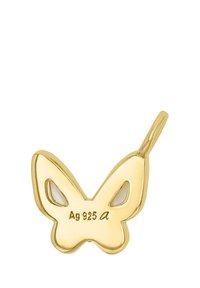 Ciondolo a forma di farfalla placcato in oro con aree intagliate, inciso "Ag 925 A," caratterizzato da una finitura liscia e un design simmetrico.