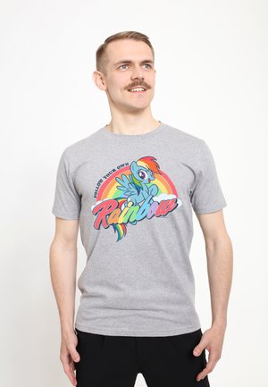 Gray cotton t-shirt featuring a colorful graphic of a pegasus and the text "Follow Your Own Rainbow" in vibrant letters.