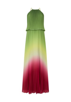 Abito lungo plissettato senza maniche con scollo all'americana, caratterizzato da una parte superiore verde, una sezione centrale a gradiente giallo e una parte inferiore rossa.