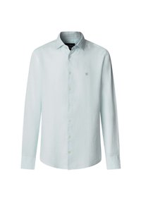 Light blue long-sleeve button-up shirt made of linen. Features a collar, button placket, and a small embroidered logo on the chest.