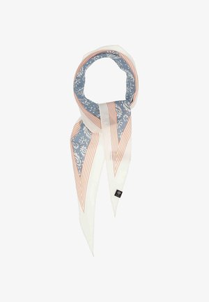 Foulard en soie à fond blanc orné de motifs floraux bleus, bordé de fines rayures diagonales pêche et blanches, noué en boucle avec des extrémités pointues.