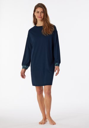 Navy dress with long sleeves, featuring floral-patterned cuffs, a relaxed fit, and two side pockets. Smooth fabric texture.