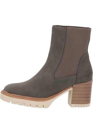 Dunkelgraue Ankle Boots mit elastischen Seiteneinsätzen, strukturiertem braunen Absatz und beigem Gummisohle. Glattes Material und runde Zehenform.