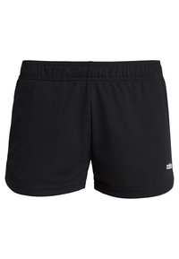 Svarta träningsshorts av strukturerad tygkvalitet, med ett elastiskt midjeband och en vit logotyp på nedre vänstra framsidan.