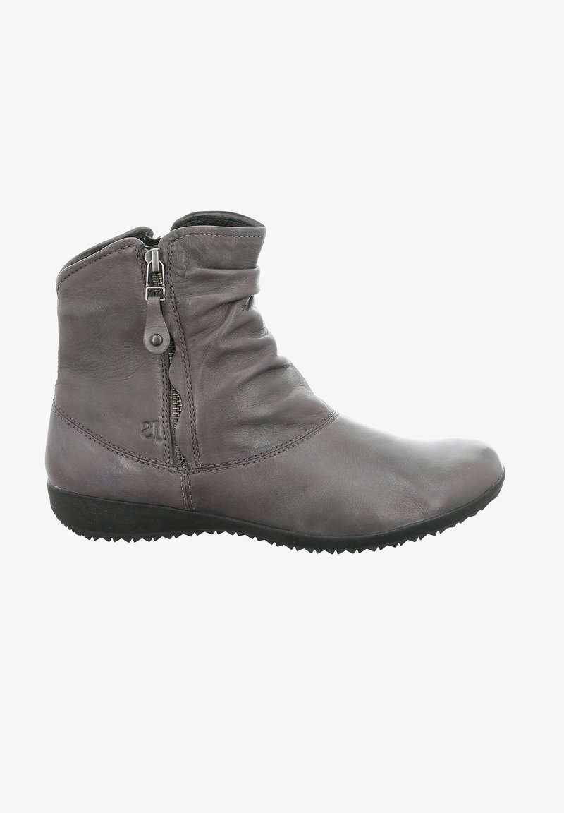 Gray leather ankle boot with a slouched design, side zipper, textured upper, and black rubber sole featuring a zigzag pattern.