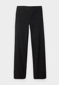 Black trousers made from a smooth fabric, featuring a straight leg design, button closure, and standard pockets. No patterns or accents present.
