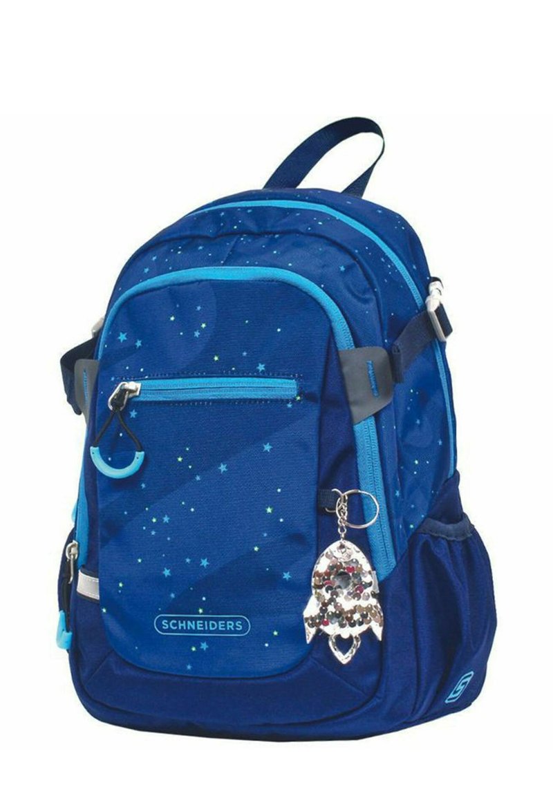 Zaino blu navy con accenti blu, tessuto a motivo stellato, tasca frontale con zip, tasche laterali in rete e un accessorio a forma di razzo argentato.