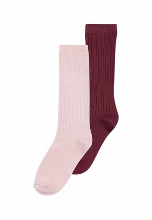 Two ribbed crew socks, one light pink and one dark burgundy, laid flat overlapping on a white background.