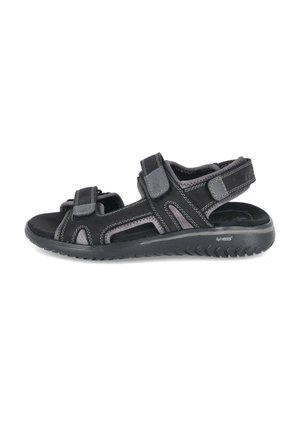 Sandale noire et grise à bout ouvert avec des brides velcro réglables et une semelle rembourrée labellisée « lightsafe ».
