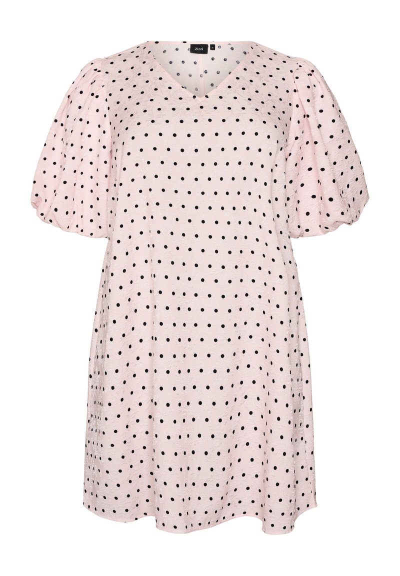 Zizzi A-LINIEN MIT POLKA DOTS UND BALLONRMELN - Day dress - pink w black  dot/light pink - Zalando.ie