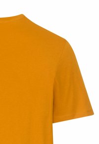 Kortærmet orange t-shirt i blødt bomuldsstof med en glat tekstur, der har en klassisk rund hals og et enkelt design uden mønstre.