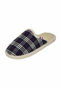 Navy plaid slipper with a soft interior and a white, textured sole. Features red and blue accents on the side. Simple, open-back design.