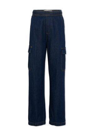 Pantaloni cargo in denim blu scuro con vita elasticizzata, grandi tasche laterali con patta e orli elasticizzati.