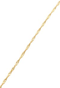 Guld snoet kædetsmykke med indviklede led, der har en tekstureret overflade og en blank finish. Designet er tyndt og elegant.