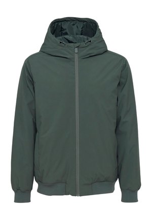Grüne gepolsterte Jacke mit Kapuze, Frontreißverschluss und elastischen Bündchen. Glattes, leichtes Material mit einem minimalistisch gestalteten Silhouette.