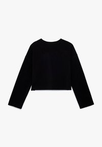 Kurz geschnittenes schwarzes Sweatshirt mit langen Ärmeln, rundem Hals und weicher Textur. Einfaches Design ohne sichtbare Verschlüsse oder Muster.