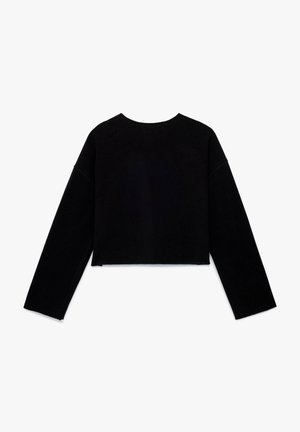 Korte zwarte trui met lange mouwen, ronde hals en een zachte textuur. Eenvoudig ontwerp zonder zichtbare sluitingen of patronen.