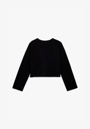 Korte zwarte trui met lange mouwen, ronde hals en een zachte textuur. Eenvoudig ontwerp zonder zichtbare sluitingen of patronen.