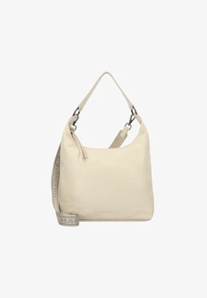 Borsa a tracolla in pelle color crema con una forma morbida e arrotondata. Presenta una sola tracolla e una tracolla regolabile con dettagli del marchio.