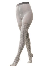 Bas autofixants en dentelle transparente avec une ceinture côtelée grise. Présente des motifs floraux complexes sur un fond beige clair.