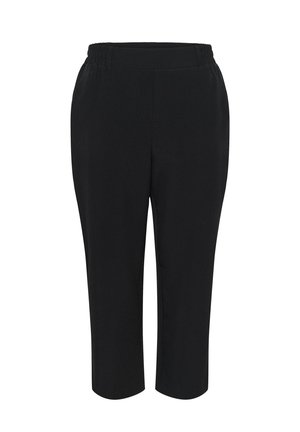 Zwarte capri-broek met een elastische tailleband, een gladde structuur en een rechte snit. Kenmerkt zich door geen zakken en een eenvoudige, onopgemaakte uitstraling.