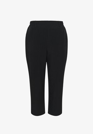 Black capri pants with an elastic waistband, smooth texture, and straight cut. Features no pockets and a simple, unembellished design.