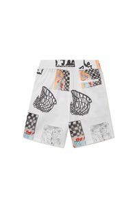 White swim shorts featuring various abstract patterns, including baskets, checkered designs, and colorful accents. Elastic waistband included.