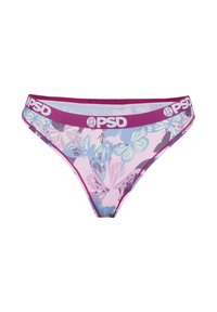 Sous-vêtement bikini pour femme avec ceinture violette, logo PSD et motif papillon pastel dans les tons rose, bleu et lavande.