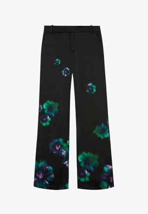 Pantaloni a palazzo neri con motivo floreale in blu, verde e viola. Realizzati in tessuto morbido, presentano due tasche laterali e passanti per cintura.