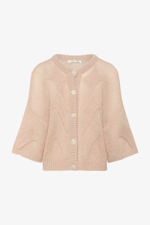 Light pink knitted cardigan with a textured cable pattern, featuring a round neck, short sleeves, and five white buttons at the front.