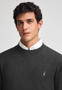 Maglione in maglia grigio carbone con scollatura a girocollo e polsini a coste, dotato di un piccolo logo bianco di un golfista sul petto.