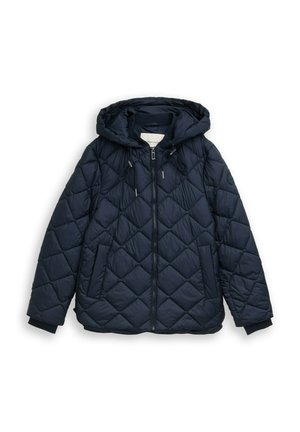 Navyblauwe doorgestikte jas met capuchon, ritssluiting aan de voorkant, trekkoorden, twee voorzakken en geribbelde boorden, geschikt voor koud weer.