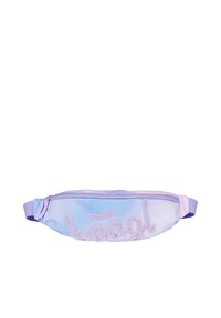 Marsupio con gradiente viola e blu, caratterizzato da testo "baagl" ricamato. Realizzato in tessuto morbido, con chiusura a zip e tracolla regolabile.