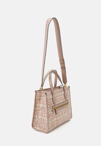 Borsa a mano rettangolare in tweed con fili rosa, rossi e gialli, rifinitura in pelle beige, due manici, una tracolla regolabile e tasca zip frontale.