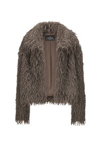 Braune Kunstfelljacke mit schäbiger Textur, offener Front und ohne Verschlüsse. Sie hat einen breiten Kragen und lange Ärmel. Gefütterte Innenseite.