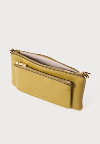 Yellow leather pouch with two zippered compartments, textured finish, and gold-tone hardware, featuring a small embossed logo on the front.