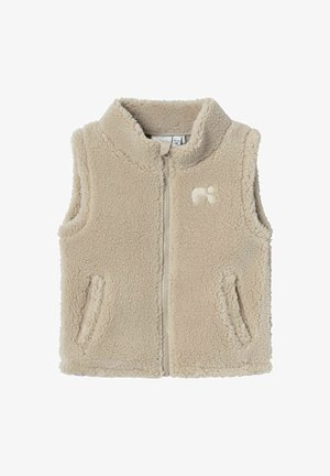Beige mouwloze fleece vest met rits en hoge kraag, twee voork артиklen en een klein abstract logo op de linkerkant van de borst.