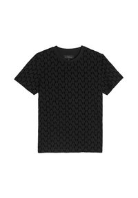 Czarna koszulka z krótkim rękawem, z okrągłym dekoltem, ozdobiona teksturowanym wzorem małych trójkątów. Tkanina ma delikatny połysk.