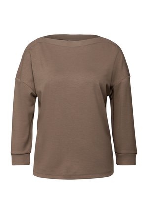 Haut marron à manches longues avec un col large, une coupe décontractée, des accents côtelés aux manches et une texture lisse.