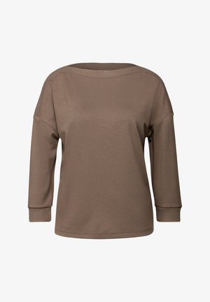 Brun langærmet top med vid halsudskæring, afslappet pasform, ribbede detaljer ved ærmerne og en glat tekstur.